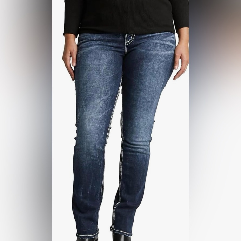NWT SIZE 12 CURVY SILVER Jeans Women's Dark Blue Straight Leg Jeans WITH DETAIL
